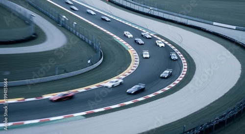 Racing cars on a curved highway track.