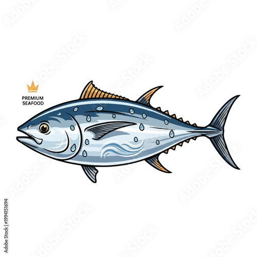 Bluefin Tuna Fish Illustration Detailed Drawing.