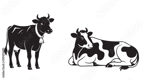 Farm Cows Silhouette Vector, Black and White Dairy Cattle for Agriculture Concept Design