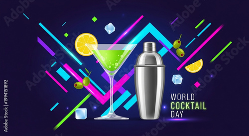 Cocktail shaker and martini glass with lime and olive garnish celebrate world cocktail day with vibrant neon colors and dynamic shapes on a dark background