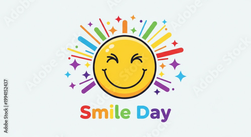 Bright yellow smiling sun emits vibrant rainbow colored rays with playful stars and confetti on a clean white background celebrating positivity and joy in a modern vector