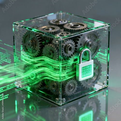 “Futuristic transparent glass cube containing mechanical gears and a glowing digital lock, symbolizing secure data processing.