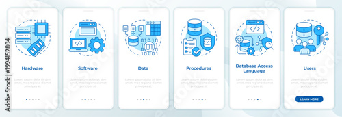 Database system elements blue onboarding mobile app screen. Walkthrough 6 steps editable graphic instructions with linear concepts. UI, UX, GUI. Montserrat SemiBold, Regular fonts used