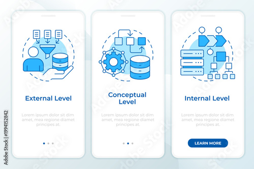 Database structural levels blue onboarding mobile app screen. Walkthrough 3 steps editable graphic instructions with linear concepts. UI, UX, GUI. Montserrat SemiBold, Regular fonts used