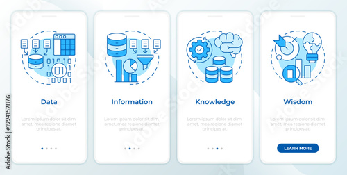 Different sources of information blue onboarding mobile app screen. Walkthrough 4 steps editable graphic instructions with linear concepts. UI, UX, GUI. Montserrat SemiBold, Regular fonts used