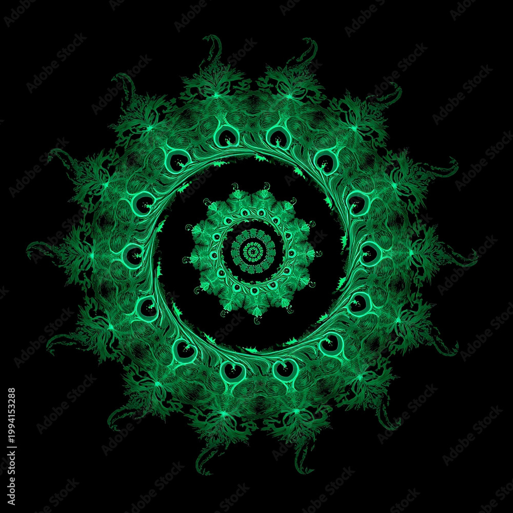Fototapeta premium “Luminous_green_fractal_spiral_forming_a_circular_mandala