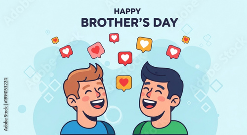 Two joyful brothers laughing together with colorful speech bubbles and text reading happy brother's day on a light blue background