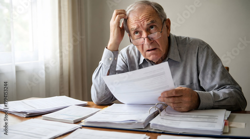 Stressed Senior Man Reviewing Bills and Legal Paperwork at Home Desk while Scratching Head in Confusion