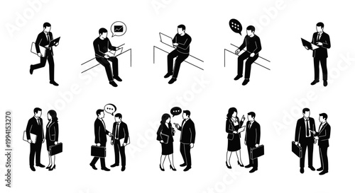 isometric black silhouettes of business people interacting in various professional scenarios