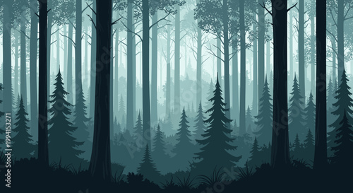 Digital illustration of a mysterious and misty forest with tall trees and dense foliage in shades of blue and green, creating a serene atmosphere.