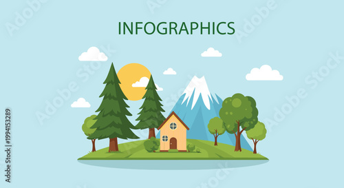 A flat design illustration of a cozy house nestled among green trees with a snowy mountain and sun in the background, suitable for infographics.