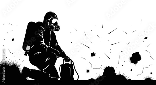a hazmat worker in a protective suit cleans biohazard contamination and environmental hazards vector illustration.