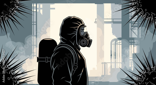 hazmat suit person with gas mask stands in a polluted industrial scene illustrating environmental pollution air contamination and global crisis danger.