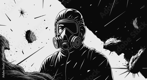 hazmat suit and gas mask worn by a person in a protective suit amidst flying debris symbolizing global crisis biohazard threats and virus protection.