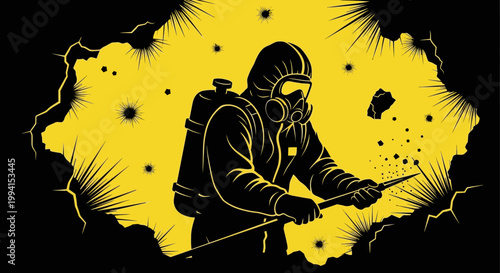 hazmat suit pest control exterminator performing decontamination in a hazardous environment to ensure safety graphic illustration.