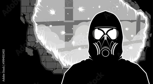 gas mask-wearing hooded figure in a hazardous post-apocalyptic urban environment symbolizing danger survival and environmental pollution.