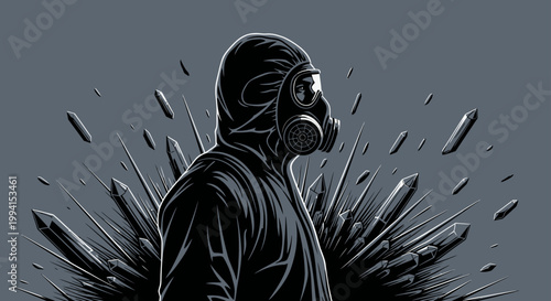 person in a gas mask and protective suit stands amidst sharp explosive crystals symbolizing chemical threat in a dark dystopian future.