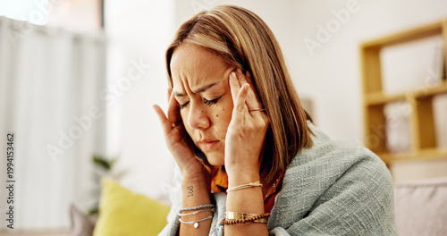 Konstfotografi Sick, headache and woman on sofa in home with cold, flu or sinus infection in living room
