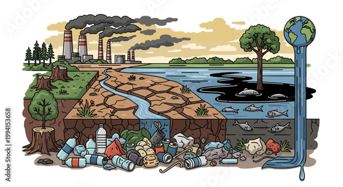 Environmental degradation illustrated: industrial pollution, deforestation, drought, water contamination, and plastic waste impacting ecosystems and aquatic life.