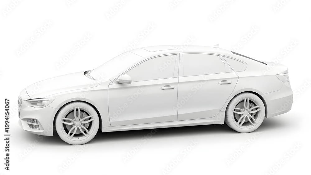 Obraz premium A white sedan car is parked on a clean surface in a controlled environment.