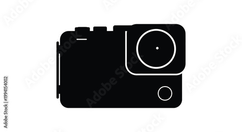 A stark black silhouette of a modern action camera showcasing its compact design silhouette
