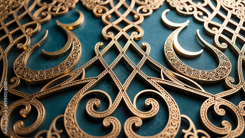 Ornamentation featuring intricate golden filigree patterns creates a sophisticated and timeless aesthetic against a deep teal textured background for elegant decorative design projects.