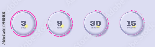 Glass glossy translucent circular countdown timer set. Pink dotted. Circle progress bars isolated. Progress indicators for light theme. Modern UI style. Time tracking collection. Timekeeping interface