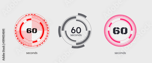 Segmented HUD scales circular countdown timer set. Process monitoring. Precise time measurement. Progress indicators for light theme. Modern UI style. Time tracking collection. Timekeeping interface
