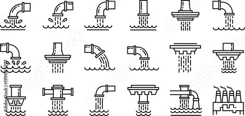 Water Pipe and Drainage Line Icons Set with Sewer System, Wastewater Flow and Plumbing Outline Vector Collection