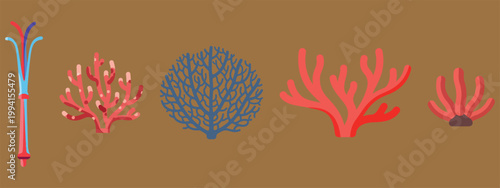 Collection of stylized coral reef elements, vibrant underwater flora in flat design