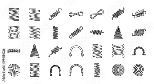 collection of various black outline spring coils and spirals vector set