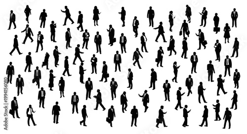 diverse crowd of black silhouettes of people in business suits walking and standing