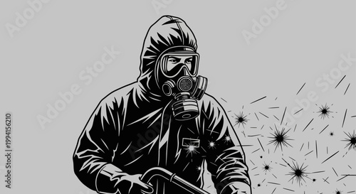 hazmat worker in a protective suit and gas mask spraying against viruses and bacteria illustrating public health safety.