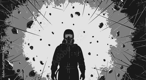 a person in a gas mask endures a chaotic explosion of debris symbolizing disaster and survival in a post-apocalyptic world