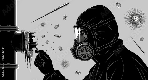 a person in a hazmat suit carefully examines a contaminated pipe illustrating concepts of environmental hazard and scientific research