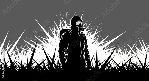 protective suit and gas mask worn by person standing in a chemical hazard zone illustrating environmental disaster danger and pollution.