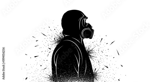 a silhouette of a person in a gas mask disintegrating into fragmented particles illustrating environmental crisis and human vulnerability