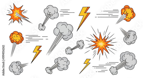 comic book action speed lines explosion smoke cloud and lightning bolt graphic elements for design projects.