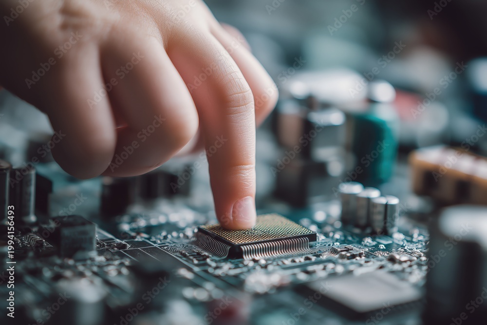 Naklejka premium A close-up of a finger touching a microchip on an electronic circuit board, highlighting technology and precision.