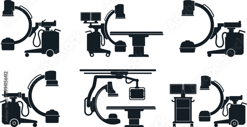 Set of 6 Neat and Clean Medical C-Arm X-Ray Machine Silhouettes on White Background for Advanced Diagnostic Imaging and Surgical Radiology Equipment 2026