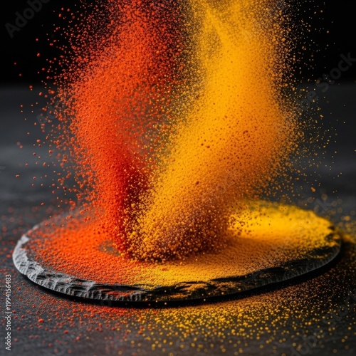 Vibrant red and yellow spices are dramatically poured from above, creating a colorful cloud on a dark surface.