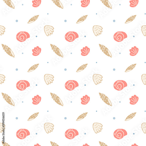Seamless tiny ocean pattern with seashells in Scandinavian style