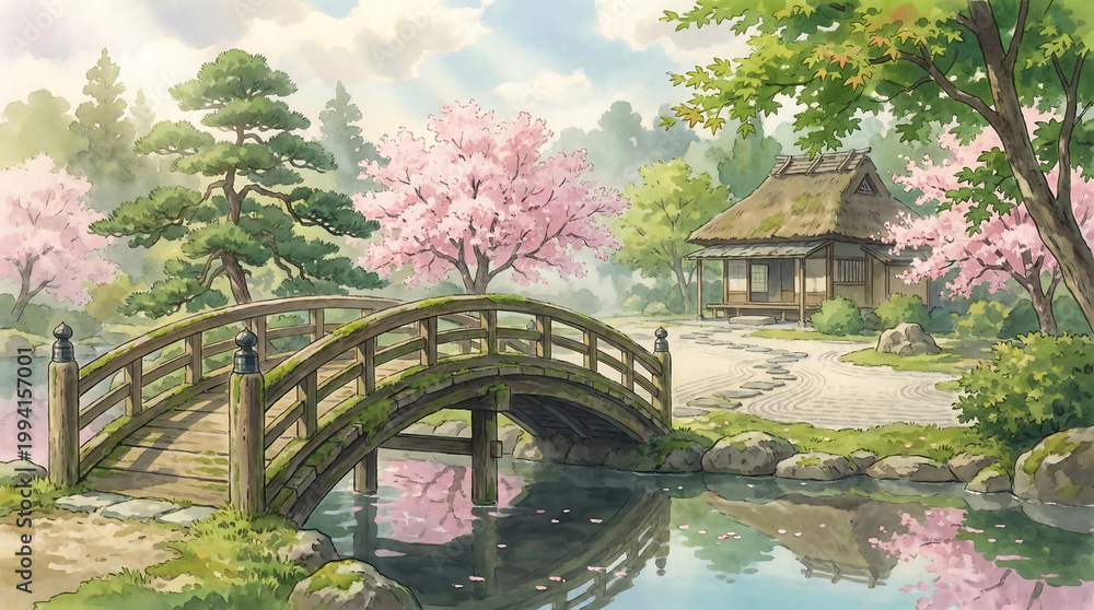 Fototapeta premium Traditional Japanese garden bridge with pink cherry blossoms and misty mountains Generative AI