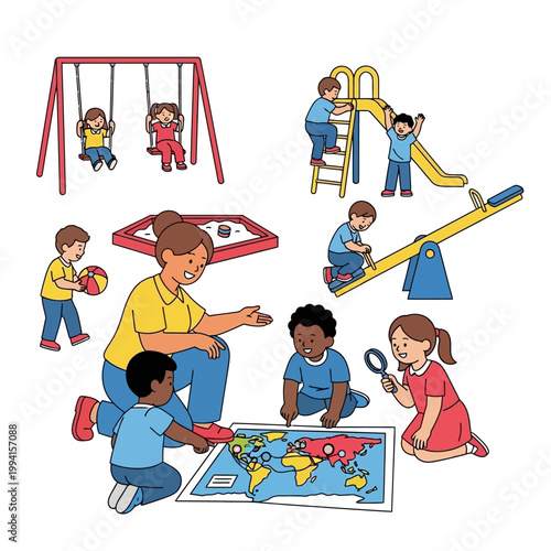 Children playing with teacher outdoors.