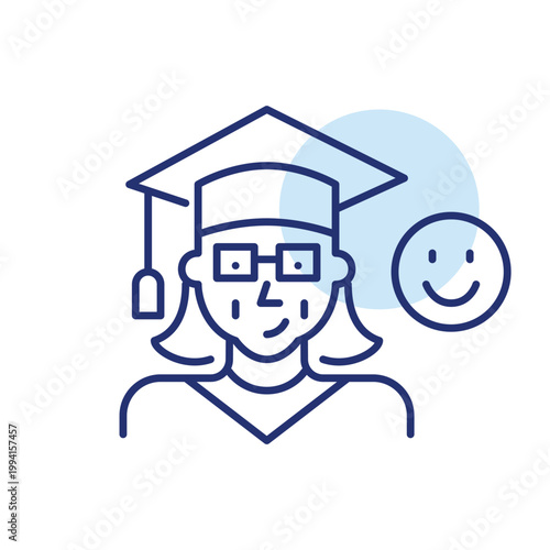 Happy elderly graduate woman in mortar board and smiley face. Lifelong education and degree, academic success in life. University satisfaction. Pixel perfect, editable stroke vector icon
