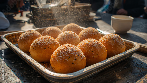 Tray of freshly baked, warm spherical buns being sprinkled with topping on a rustic wooden table, comfort food, golden brown