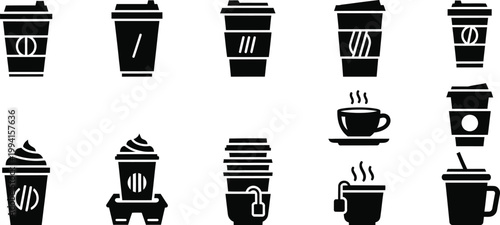 Assortment of Coffee and Tea Drink Icons in Black Silhouette vector