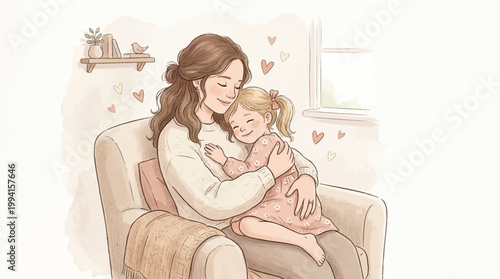 Mother embraces her small daughter while sitting in a cozy armchair to show a warm and gentle maternal connection.
