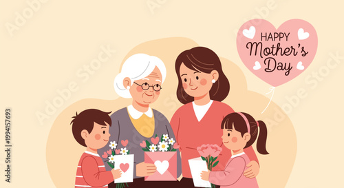 Family gathering shows a grandmother and mother receiving heartfelt handmade gifts from their young children today.