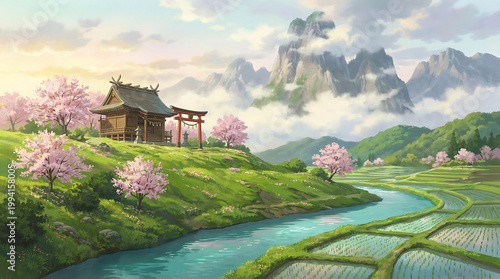 Traditional Japanese house by river with cherry blossoms and mountains Generative AI